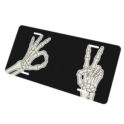 Skeleton Hand Ok and Peace Sign Front License Plate for Women Car Vanity Plates Decorative Aluminum Metal Cute Novelty License Plate Cover for Men 6x12 Inch (4 Holes)