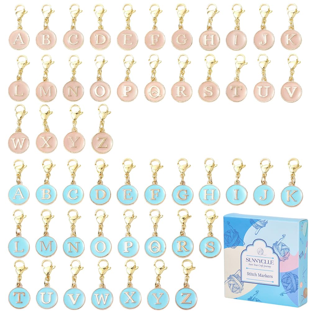 SUNNYCLUE 1 Box 52Pcs 26 Styles Letter Stitch Markers Crochet Stitch Charms Enamel Alloy Alphabet A to Z Capital Pink Blue Lobster Claw Clasps Charm for DIY Crocheting Knitting Sewing Weaving Crafts