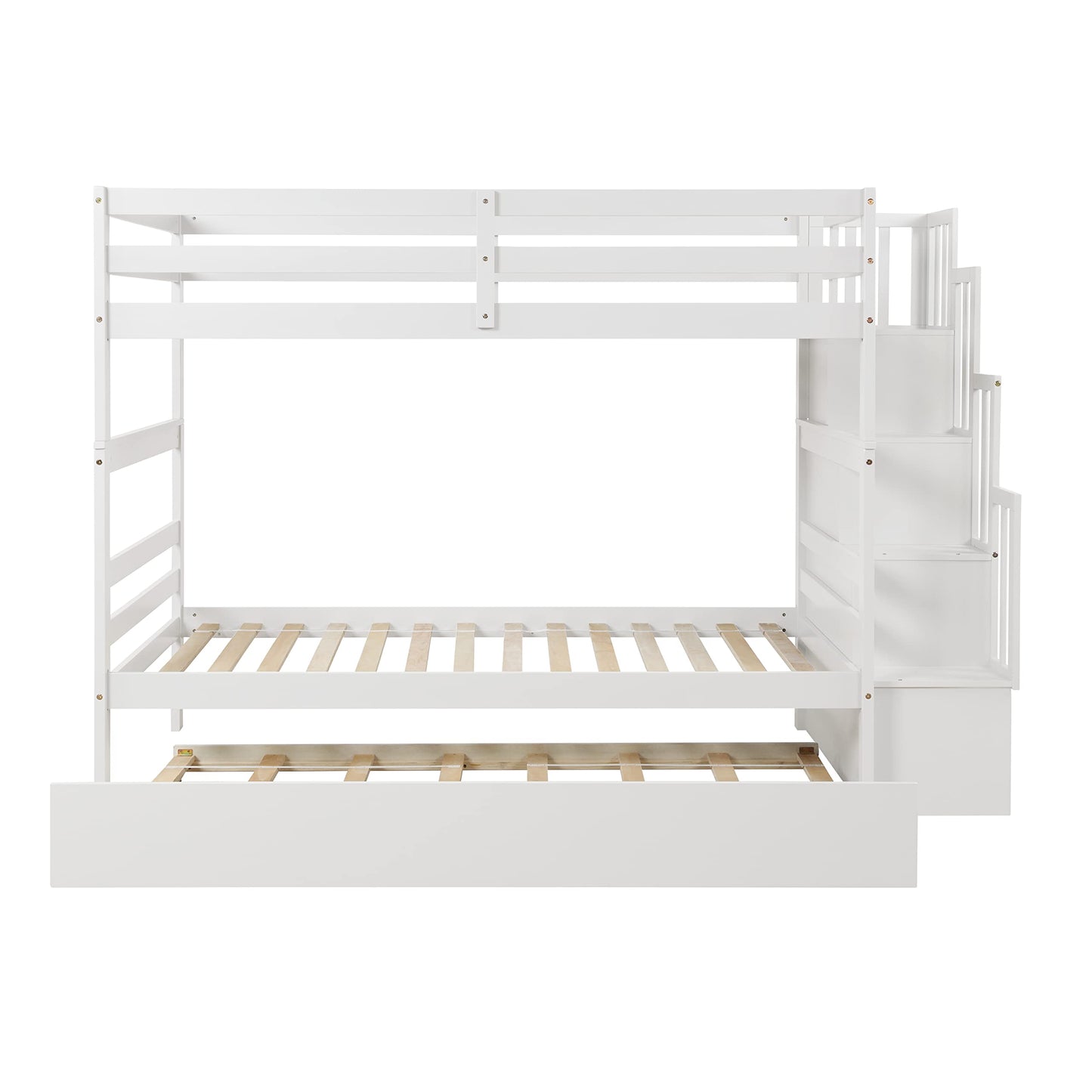 Twin Over Twin Bunk Bed with Trundle,Solid Wood Bunk Beds with Storage Stairs,Bunk Bed Twin Size with Stairs for Kids,Teens,Adults,White