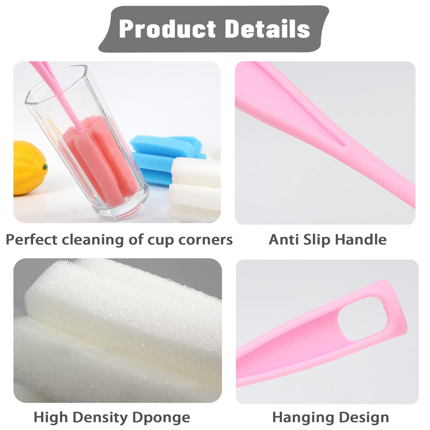 Bottle Brush Sponge 8PCS Cup Washer Brush Long Handle Cleaner Brush for Baby Bottle Glasswares Mugs Cups Kitchen Clean (8 PCS)