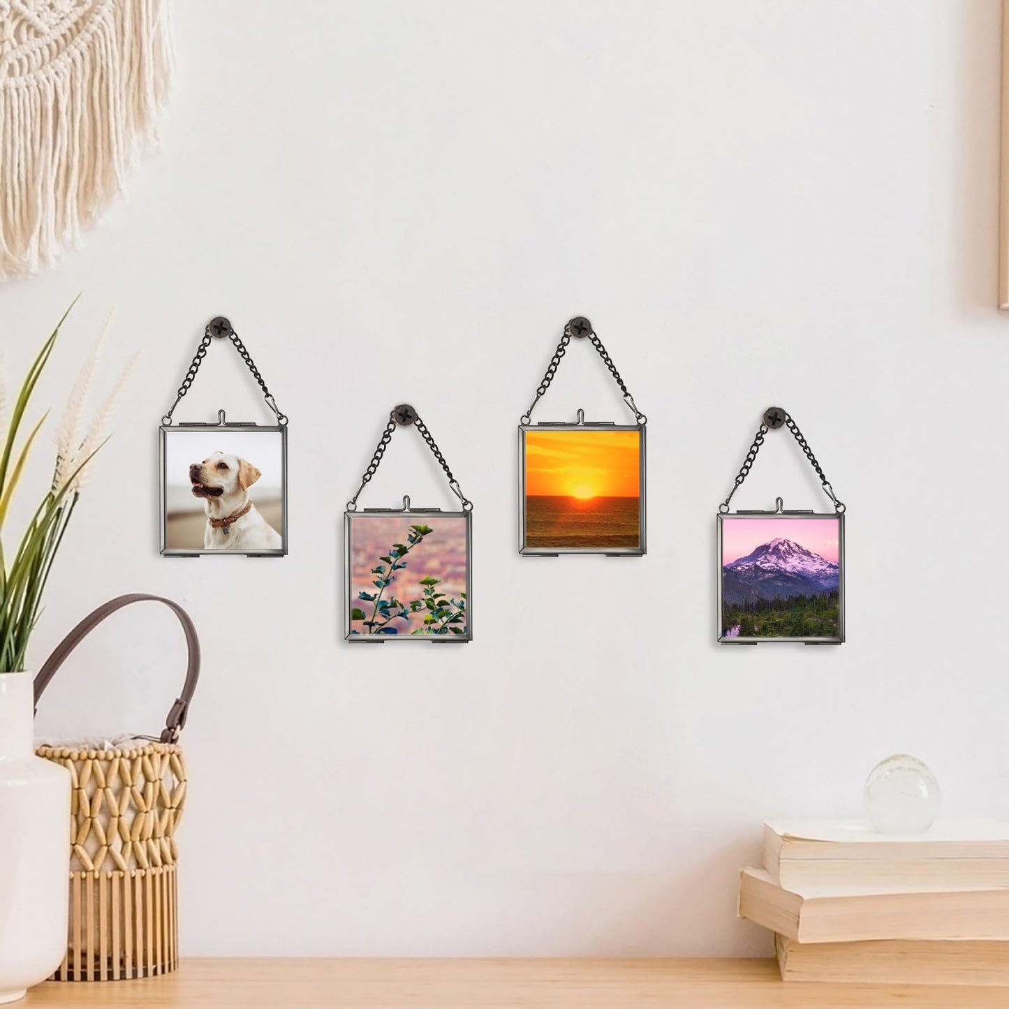 JUXYES 4 Pack Wall Hanging Mini Brass Glass Ornament Frames, Square Floater Picture Artwork Display Frame, Double Glass Floating Tiny Frames Gallery Wall Frame for Photo, Picture, Pressed Flower, Black