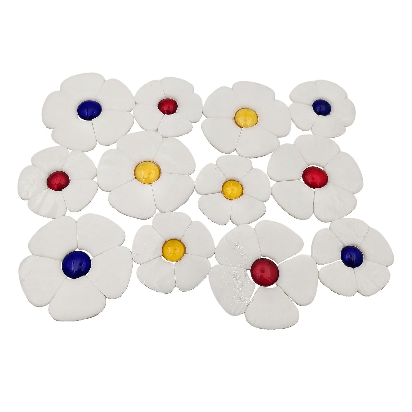 Esweny 12 Flower Stained Glass Mosaic Tiles - 2 Size Floral Petals & Flat Bead Mosaic Glass Pieces for DIY Art Crafts (White)