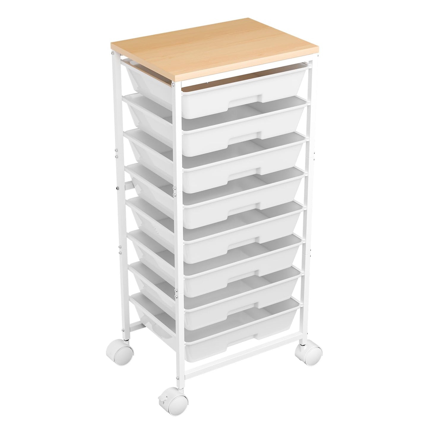 Ekisemio Rolling Cart with 8 Drawers, Storage Drawers Cart with Wooden Tabletop and Lockable Wheels, Utility Cart for Living Room, Office, Classroom, Craft Room, White