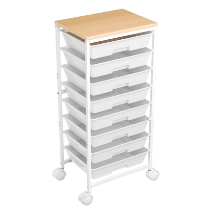 Ekisemio Rolling Cart with 8 Drawers, Storage Drawers Cart with Wooden Tabletop and Lockable Wheels, Utility Cart for Living Room, Office, Classroom, Craft Room, White