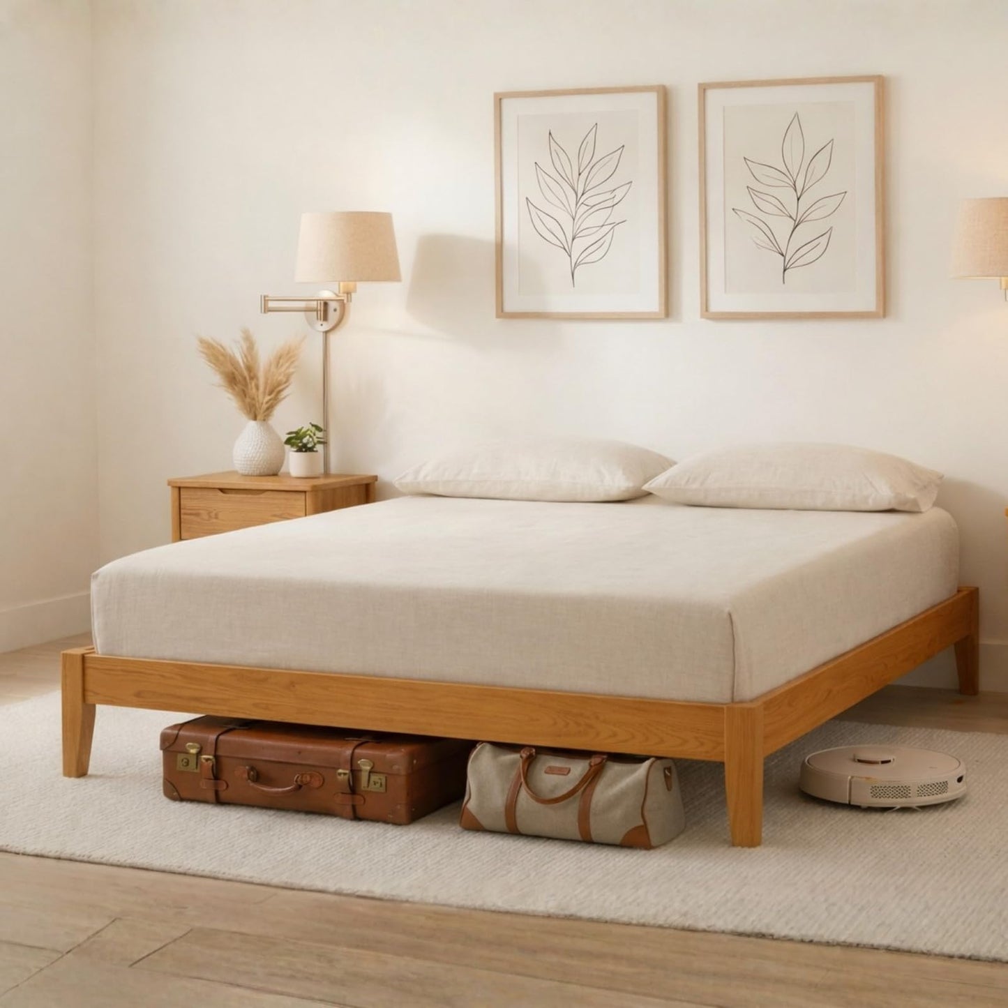 NATLE & CO Woodmere Premium Queen Bed Frame, Solid Wood Platform Bed, Wood Slat Support, Tapered Solid Wood Legs, No Box Spring Needed, Mid-Century Modern Style, Easy Assembly (Honey)