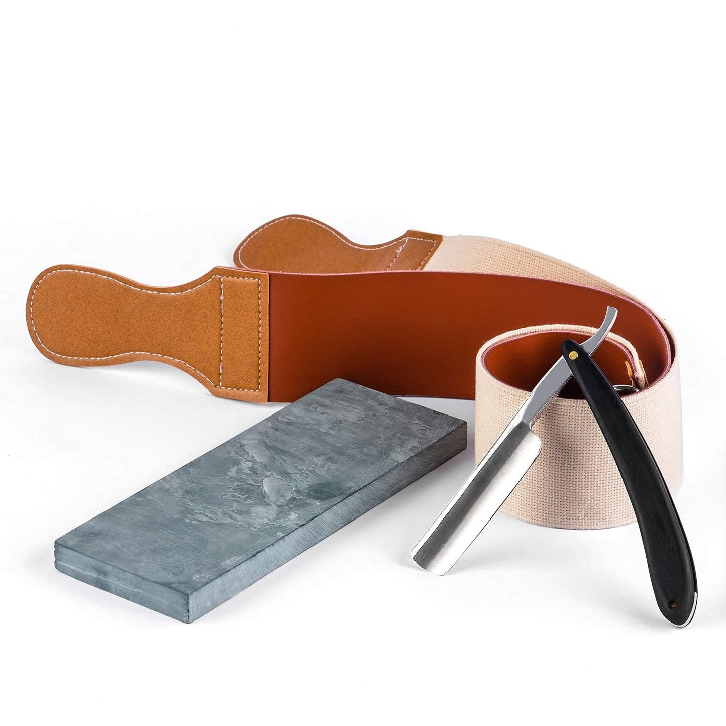 Grandslam Pro Natural Wooden Handle 420 Steel Straight Razor, 2 Layers Long Leather Canvas Strop, Sharpening Stone,2 Side Grit 3000 Waterstone Knife Sharpener