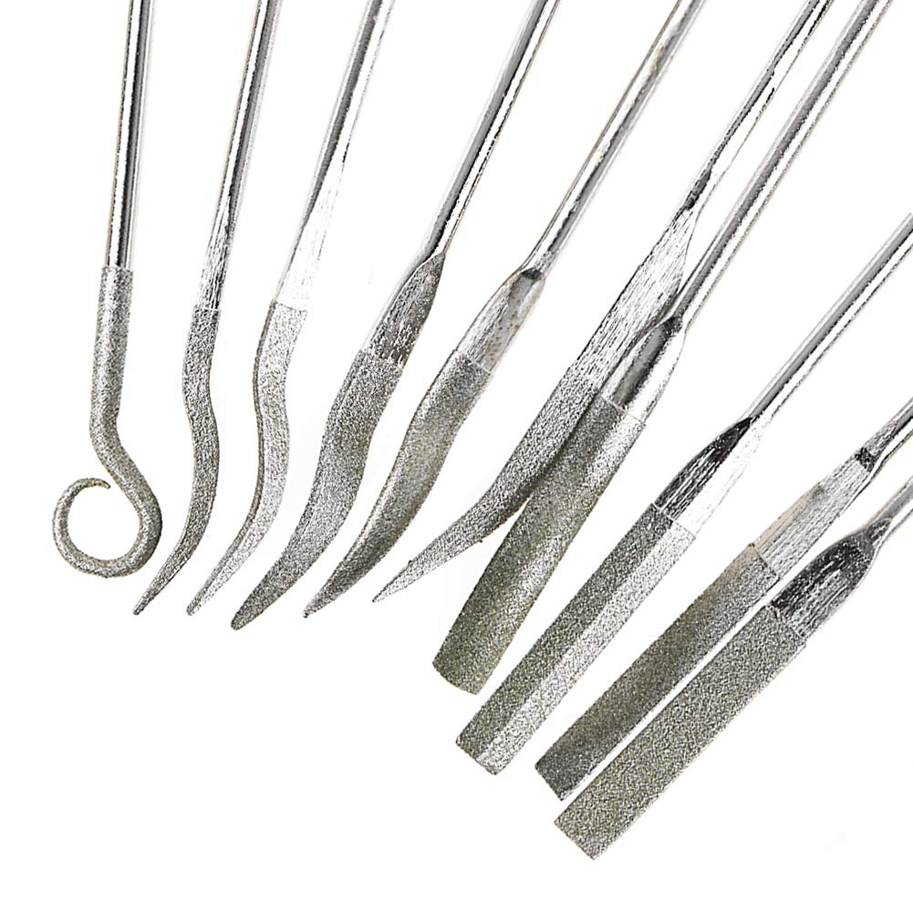 YAKAMOZ 10 Pcs Assorted Mini Diamond File Set Flat Needle Square Round Shape Rifler Files for Metal Jewelers Glass Wood Carving Craft Handy Curved Files Tool - 3x140mm