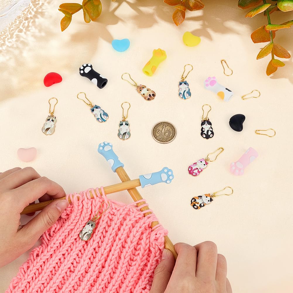 MAYJOYDIY 10 Sets Knitting Needles Stoppers Knitting Needle Point Protectors Cat Paw Stitch Stopper with Alloy Locking Stitch Markers for Beginners Crochet Sewing Accessories DIY Supplies