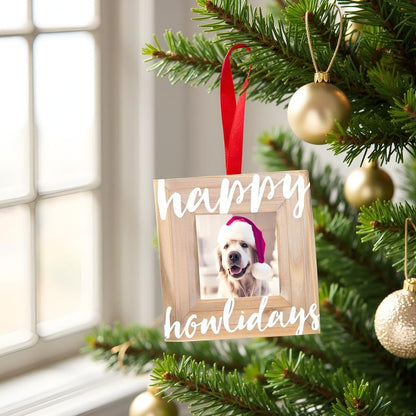 Pearhead Happy Howlidays Wooden Christmas Photo Ornament, Rustic Dog Picture Frame Christmas Tree Keepsake