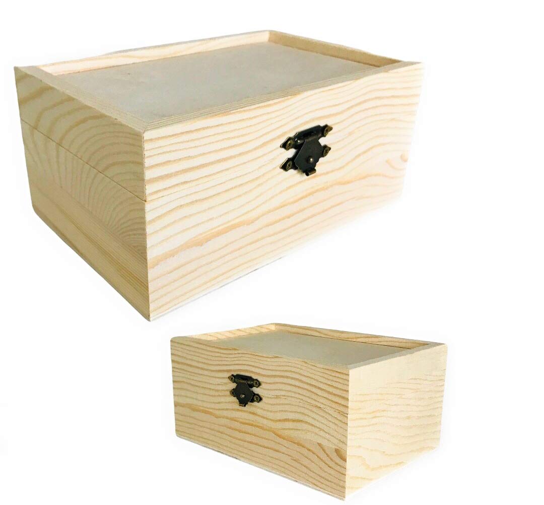 Oojami 12 Pc Rectangle Unfinished Wood Box Natural DIY Craft Stash Boxes with Hinged Lid and Front Clasp for Arts Hobbies Comes in 2 Different Sizes