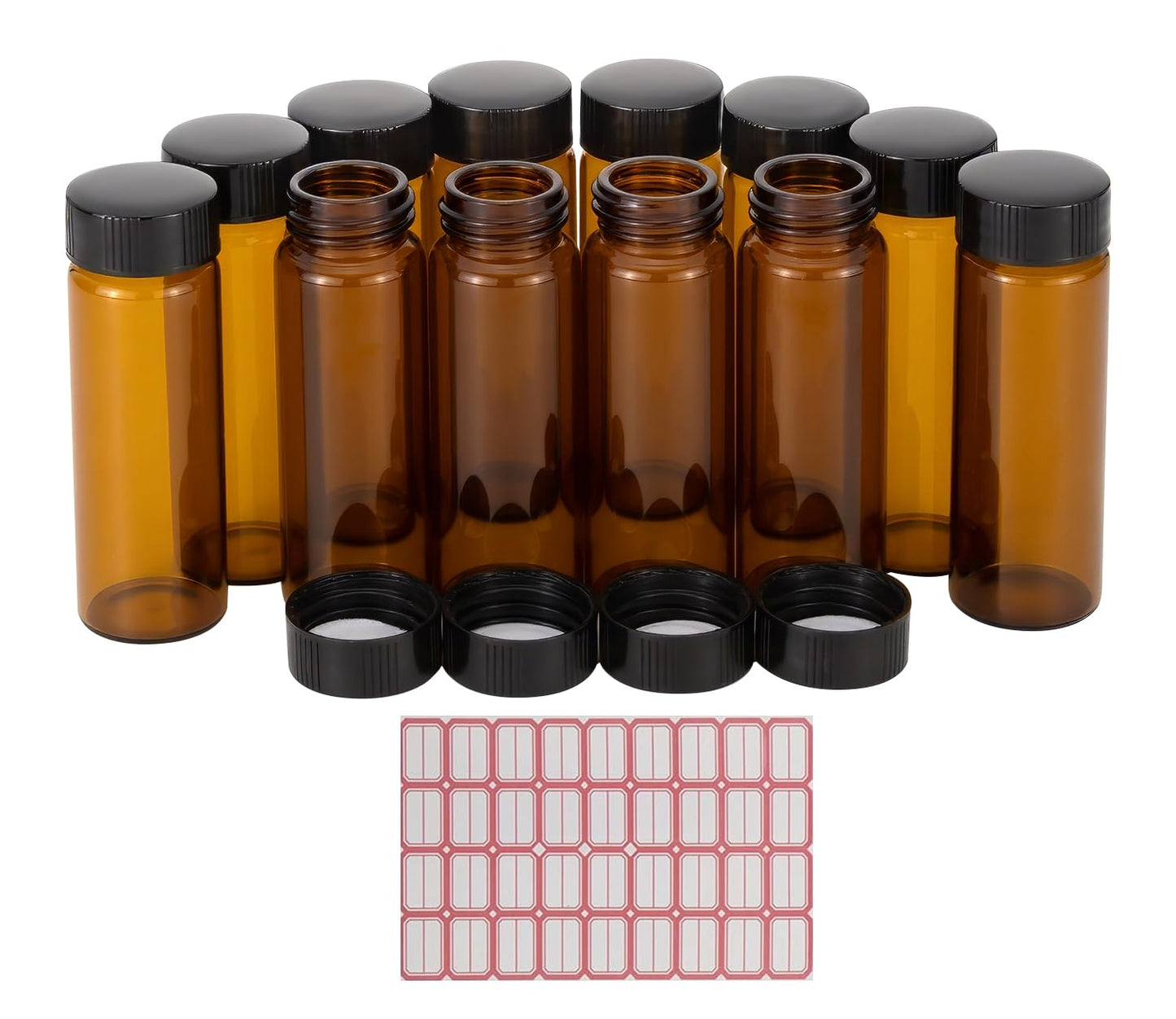 Kesell 12Pcs 30ML Amber Glass Bottle with Black Caps 1 oz Empty Liquid Sample Vial for Lab, Perfume, Essential oils, Refillable Glass Vial with Lids (Comes with red handwritten sticker paper)