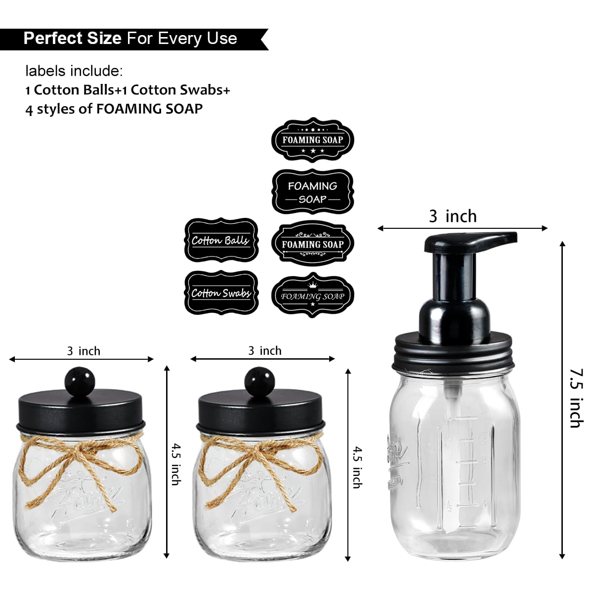 SheeChung Bathroom Accessories Set - Mason Jar Foaming Hand Soap Dispenser, Qtip Holder Set, Rustic Farmhouse Decor, Apothecary Jars, Bathroom Countertop Organizer - Black