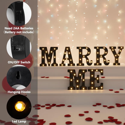 Black Marry Me LED Marquee Sign Light Up Letters, LED Marry Me Sign Marquee Letter Lights, Warm White Letter Light for Wedding Proposal Decoration, Romantic Decorative Letters Signs Battery Operated