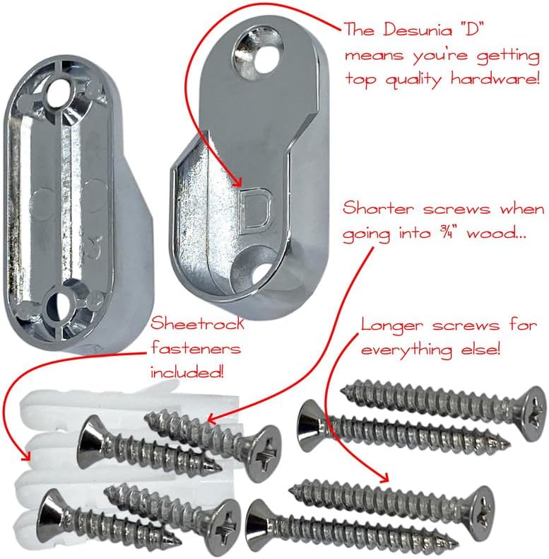 60" Polished Chrome Oval Closet Rod with Screw-On End Supports, 1 Pack