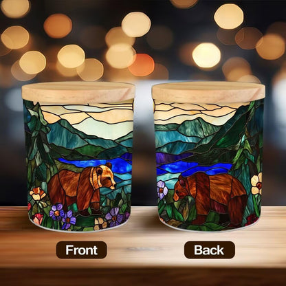 Stained Glass Bears Tea Light Candle Holders, Mountain Tealight Candle Holder Jar with Wooden Lid, Pine Tree Votive Candlesticks for Table Centerpieces, Christmas,Birthday Party,Home Decor