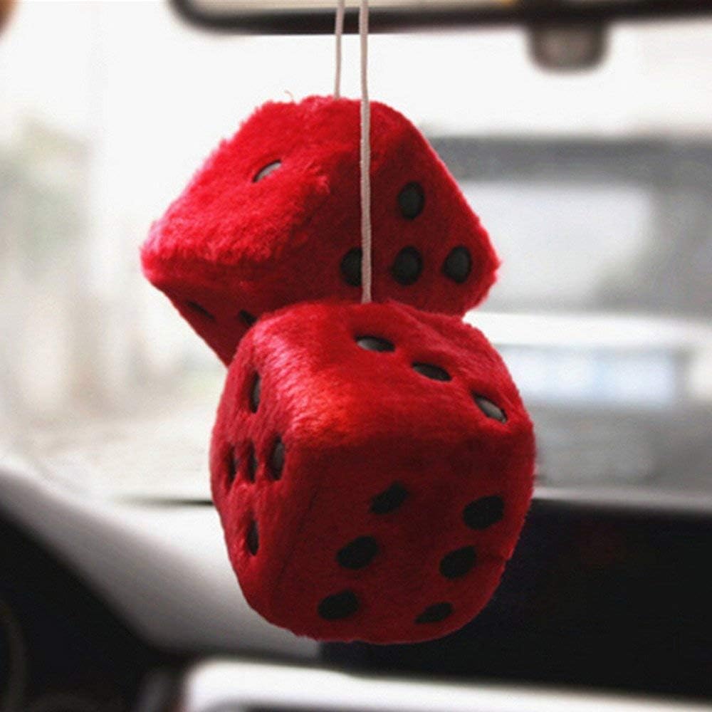 Giveme5 3 inch Retro Square Mirror Hanging Fuzzy Plush Dice - Car Interior Ornament Decoration (Red)