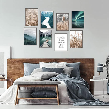 Canssape Set of 9 Nature Mountain Wall Art - Green Lake Picture Prints for Home Living Room Decor 8x10in (Unframed)