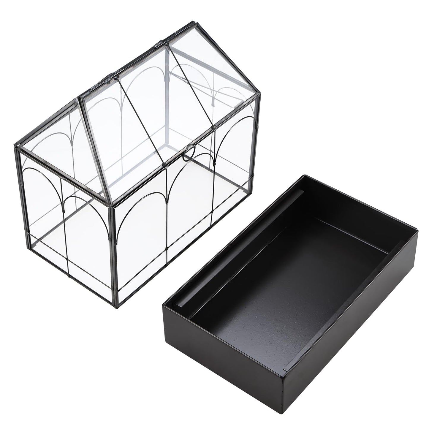 HighFree Glass Terrarium with Metal Tray, Glass Greenhouse Terrarium Kit for Succulents, Cacti, Snails, Spiders, and Miniature Reptiles, Black (Large-9.45" L x 5.7" W x 11.8" H)