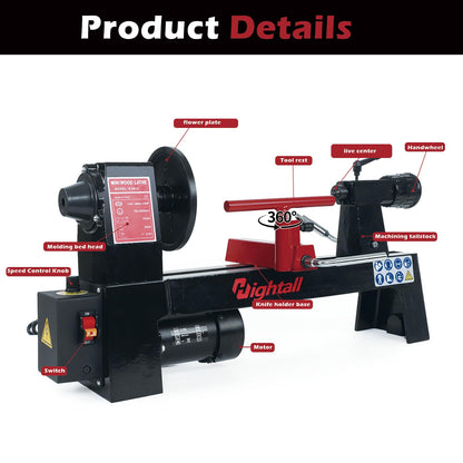 Wood Lathe Machine, 8x 12 inch Benchtop Wood Lathe,1/3 HP Infinitely Variable Speed 750-3200 RPM,for Woodworking, Woodturning
