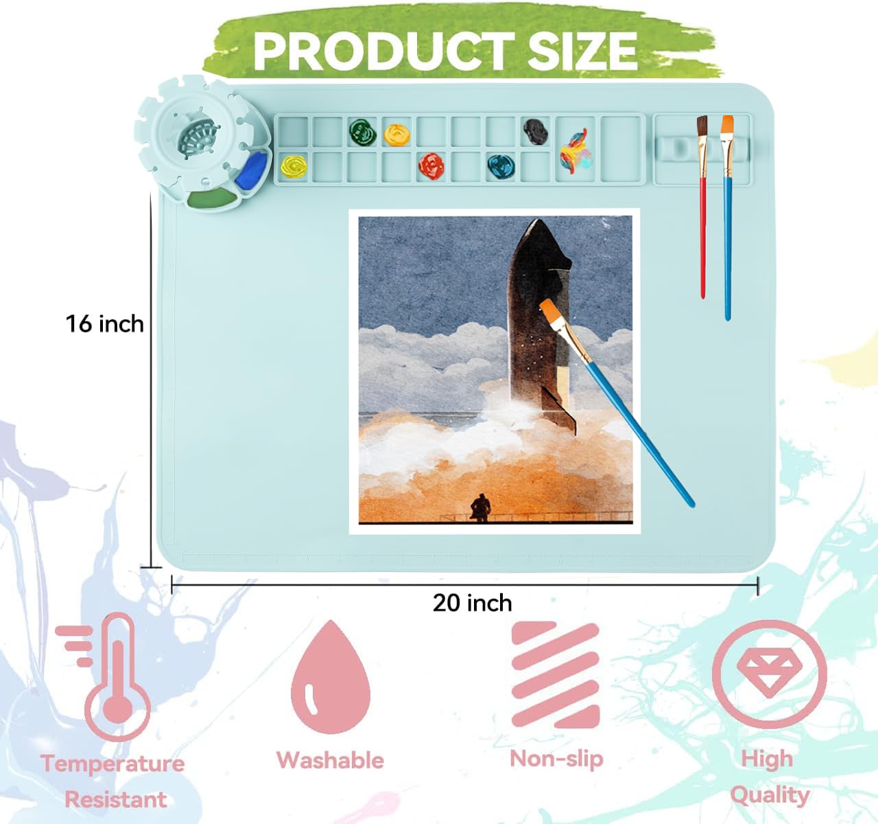Patpot Silicone Craft Mat, 20"x 16"Painting mat Palette for Resin Casting Mold Mat, Nonstick Craft Sheet with Removable Cleaning Water Cup for Painting, Clay, Art, DIY Projects (Blue)