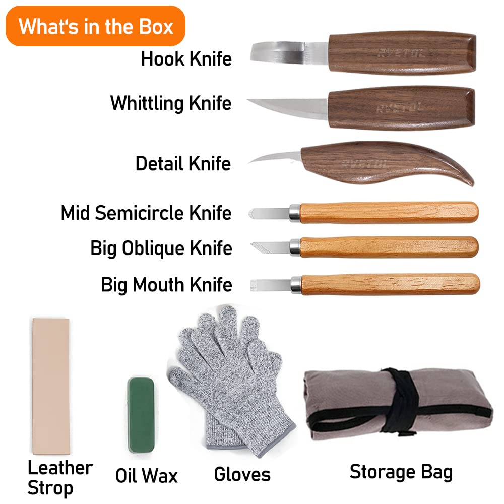 10Pcs Wood Carving Kit, Beginner Set With Resistant Gloves, Spoon & Whittling Knife, Sandpaper for Woodworking