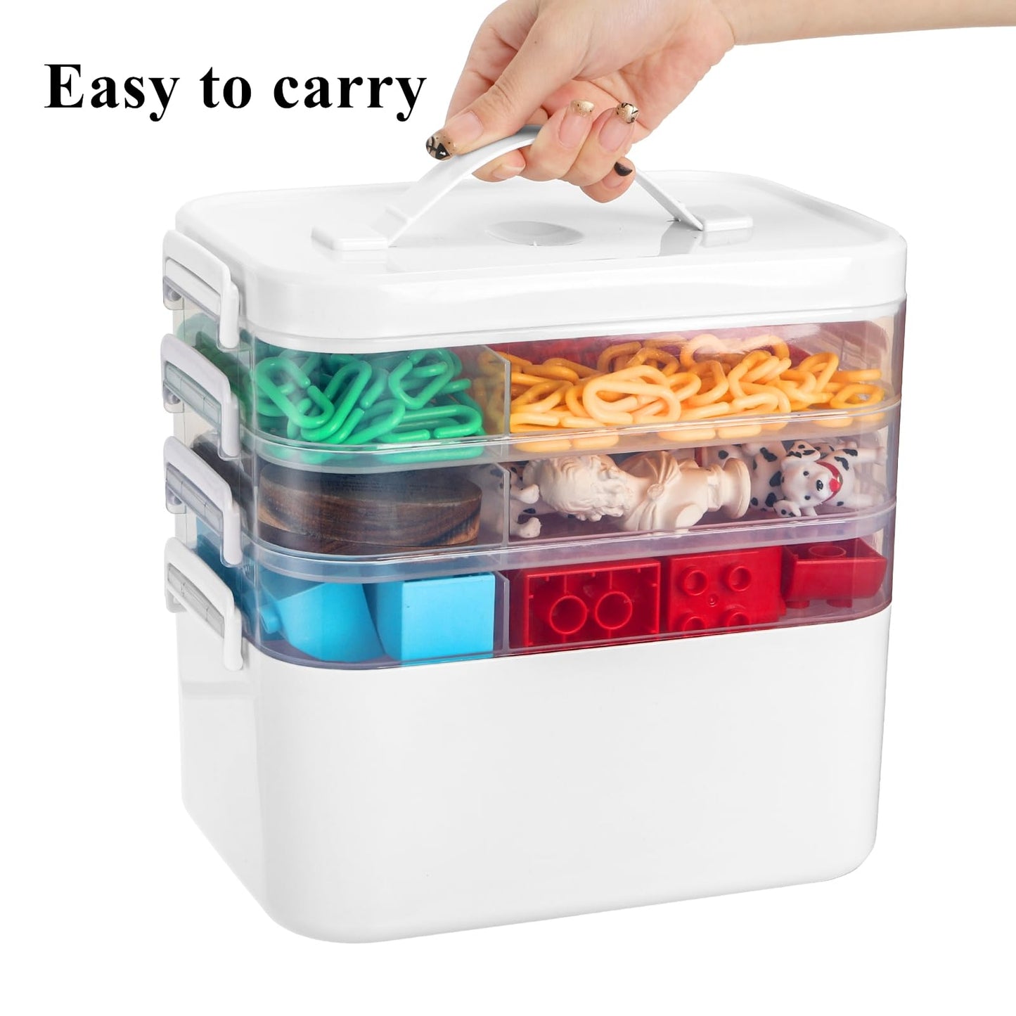 Tebery 4 Tier Plastic Craft Storage Organizer, Clear Stackable Arts Supply Box with Removable Tray, Portable Bead Jewelry Sewing Tool Container Case with Handle, Ideal for Home Studio Travel