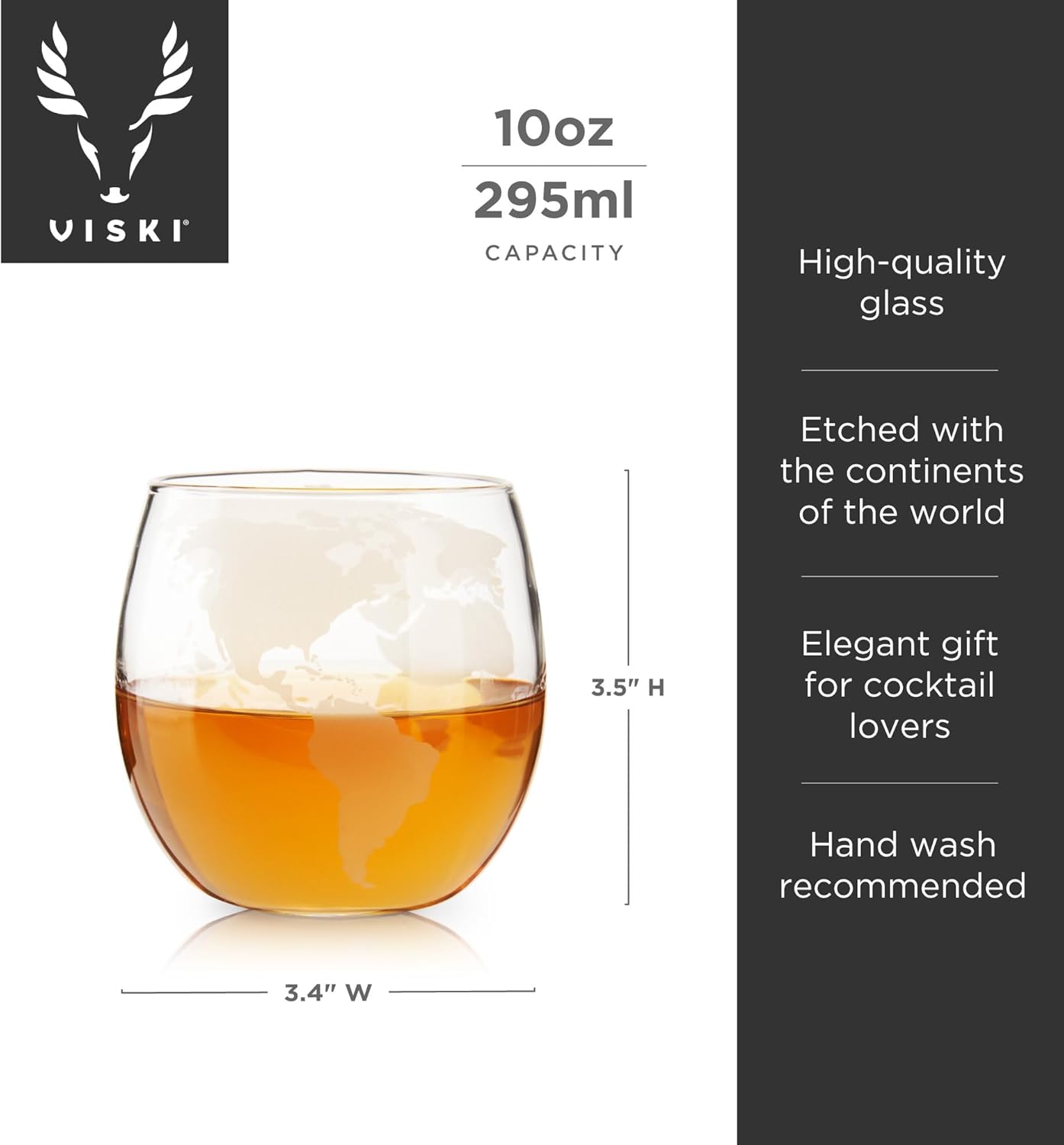 Set of 2 Viski Globe Glass Whiskey Tumblers, 10 oz, Etched Glass Whiskey Enthusiast Gift and Glassware Accessory
