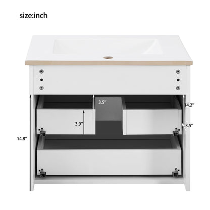 Merax 24" Wall Mounted Floating Cabinet w/Double Drawer, Floating Rectangular Vanity Small Bathroom Sink with Single Faucet Hole and Overflow, Modern Bathroom Cabinet with Ceramic Basin Sink, White