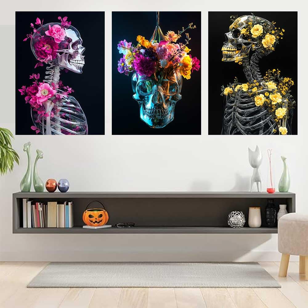 LATETOMT 15x20in 3 Pieces Aesthetic Skull Tapestries Flower Skeleton Wall Art Goth Love Tapestry Black Vertical Wall Tapestry for Valentine's Day Decor Bedroom Living Room Dorm LTMTAYW500