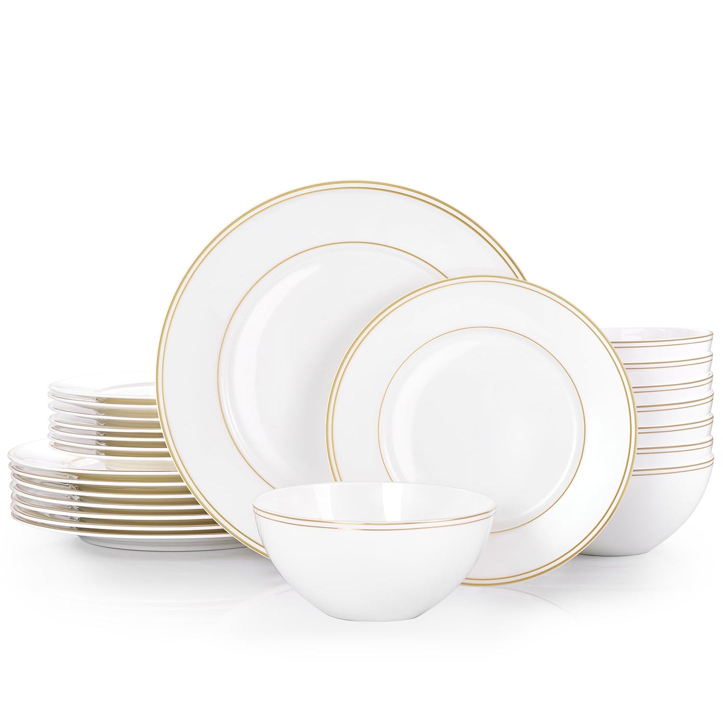 KINGSTONE Bone China Dinnerware Sets, 24-Piece Dishes Set for 8, Elegant Gold Trim Ceramic Plates & Bowls, Luxury Gift, Lightweight Translucent Dishware for Family Dining, Festival Banquet & Party