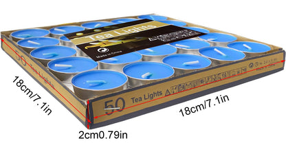 OUO Tea Lights - 50 Pack Smokeless, Dripless & Long Lasting Mini Tealight Candles for Mood, Dinners, Parties, Home Decoration, Wedding, Crafts (Blue)