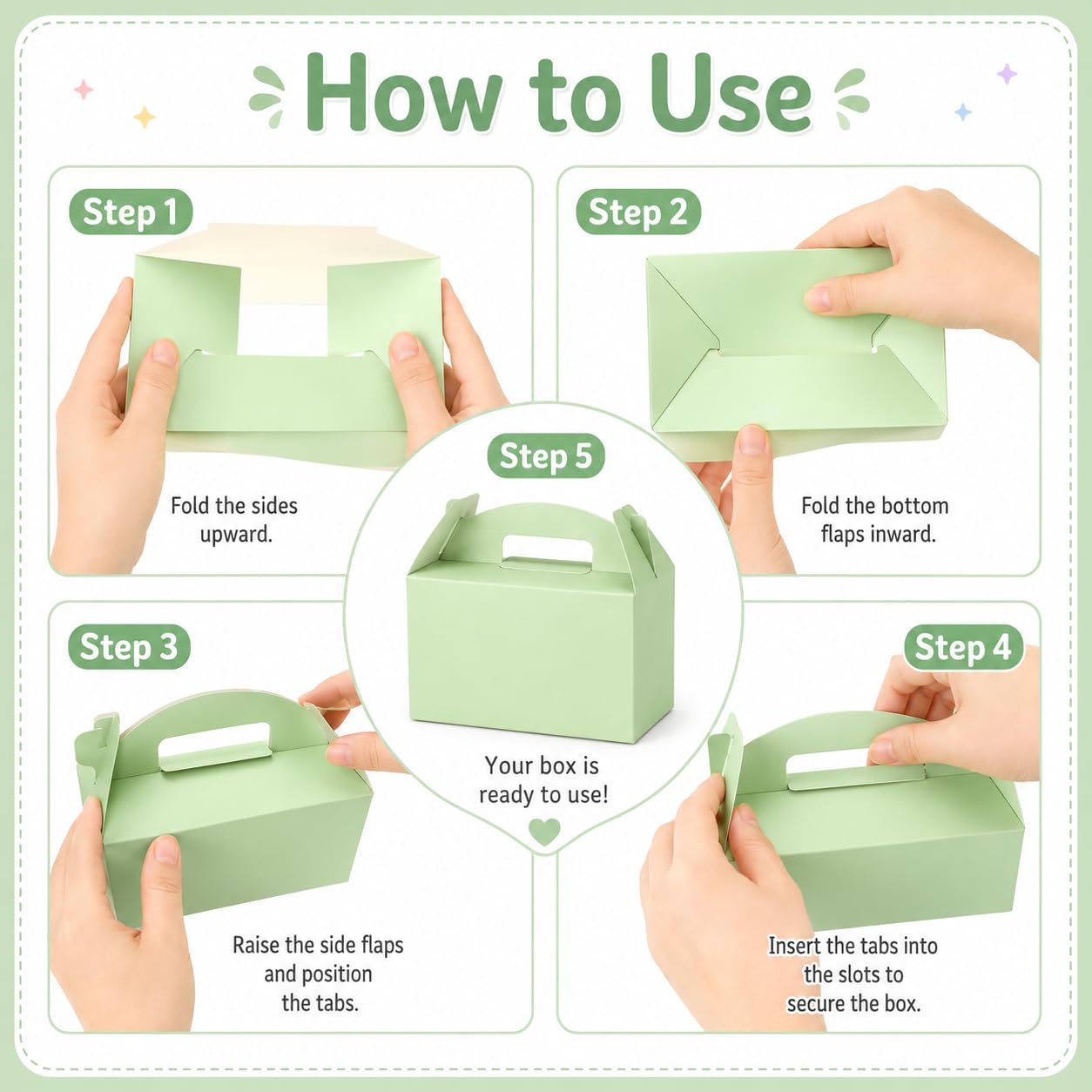 Treelement 24 Pcs Party Favor Gable Boxes with Handle and Stickers, 6×3.5×3.5 Inch Colorful Treat Boxes for Candies, Birthday, Wedding, Bridal Shower.