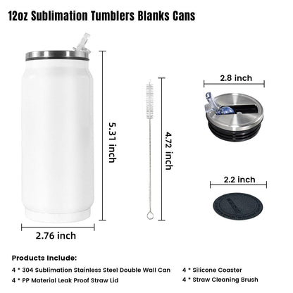 AGH 4Pack Sublimation Tumblers Blanks Cans, 12 oz Stainless Steel Sublimation Cola Tumbler Cups with Lid & Straw, Double Walled Vacuum Insulation Car Cup (White)