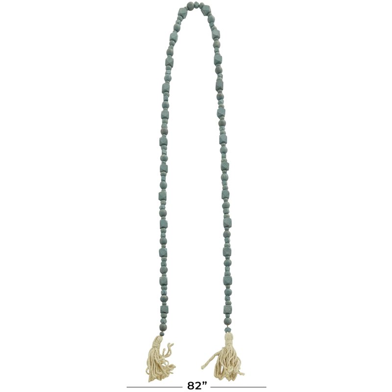 Deco 79 Mango Wood Handmade Hexagon Carved Geometric Long Beaded Garland with Tassel, 80" x 1" x 1", Blue