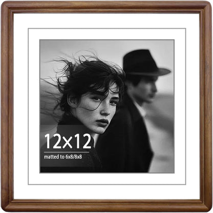 12x12 8x8 6x6 Square Walnut Wood Picture Frame with Tempered Glass Double Mat for or Photos, Handcrafted Natural Wood