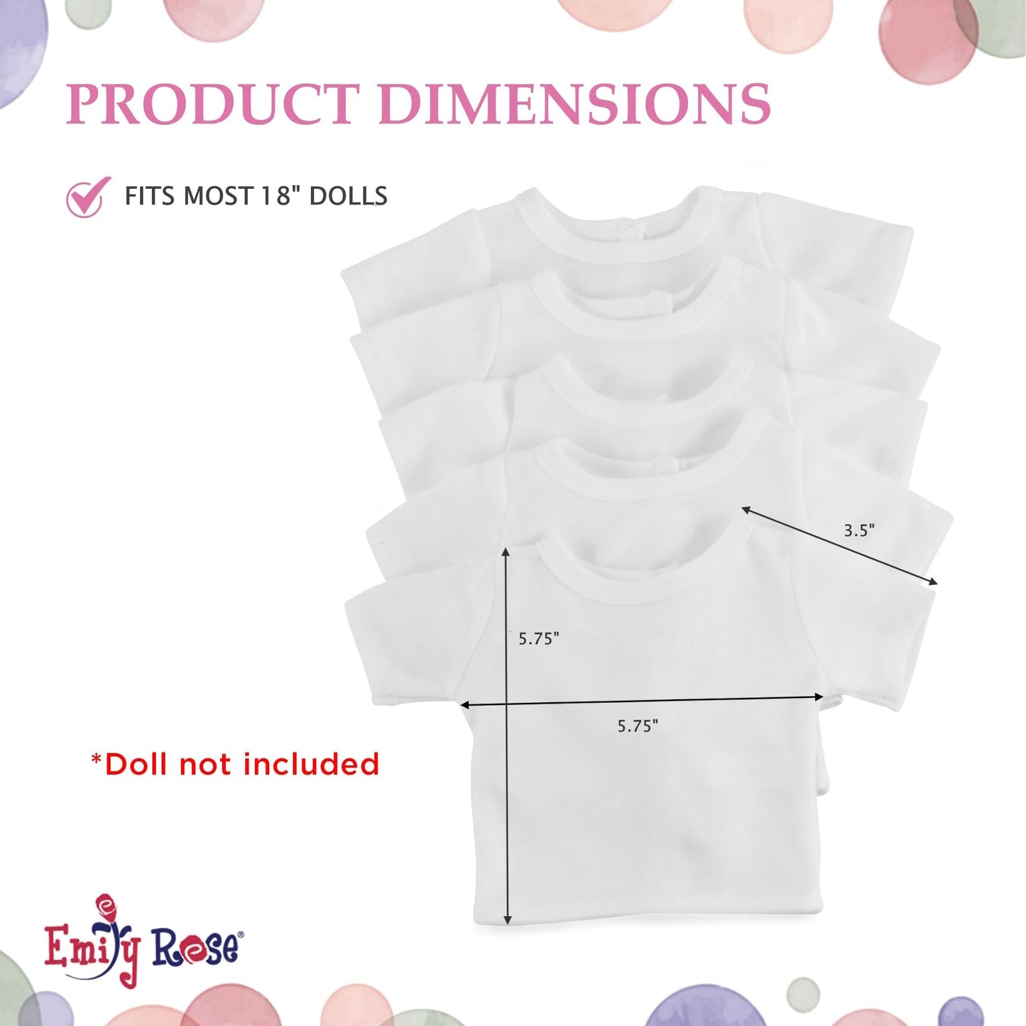 Emily Rose 5-Pack White 18 Inch Doll T-Shirts - 80/20 Cotton/Poly | Doll Clothes Wardrobe Basics – Fits American Girl & Our Generation Dolls – for DIY Crafts, Tie Dye Sublimation & More