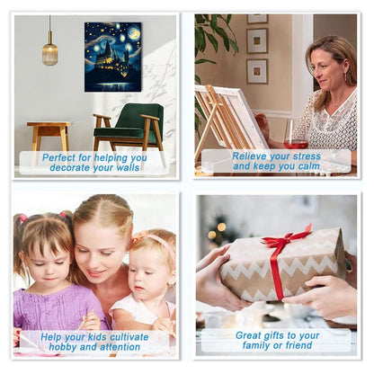 4 Pack Paint by Numbers for Adults with Framed Canvas - with Wooden Easel, Magic Castle Paint by Number on Canvas, Fantasy DIY Acrylic Oil Painting Kits with Brushes for Home Wall Decor 8x12 inch