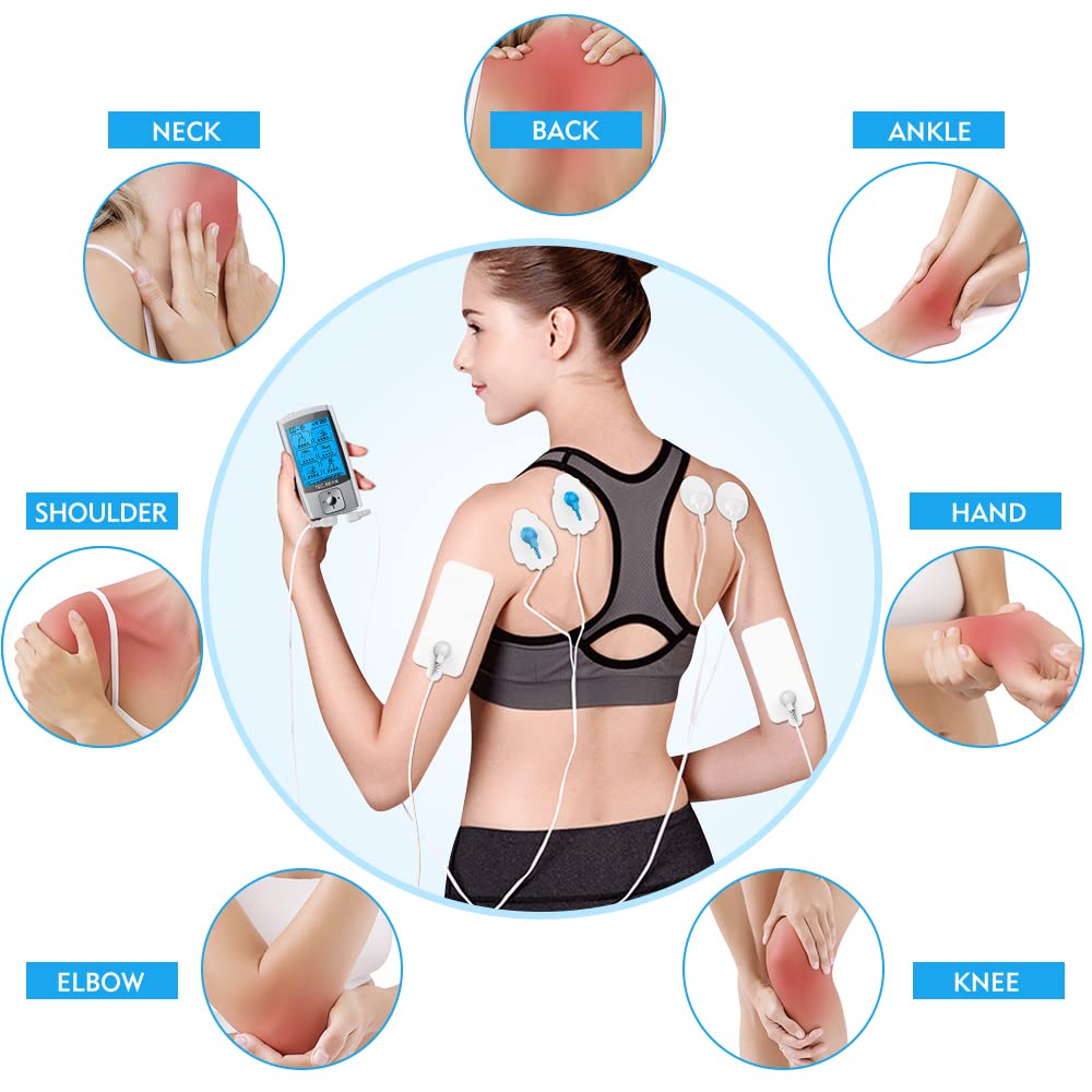 TEC.BEAN 24 Modes Tens Unit Muscle Stimulator, Rechargeable Tens Machine with 8 Electrode Pads (American Gel), Electric Pulse Massager for Pain Relief Therapy(Silver)