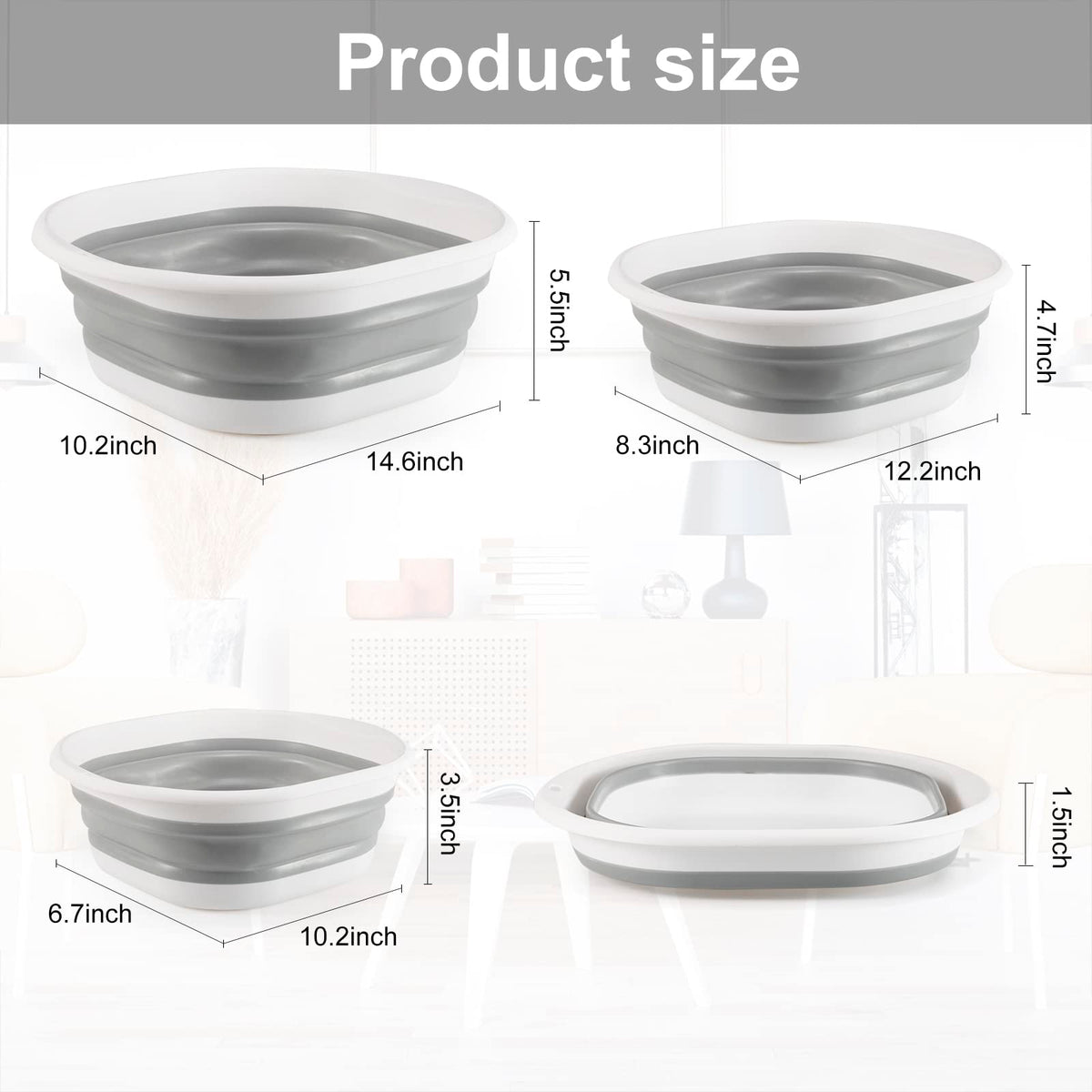 Collapsible Tub Wash Basin Laundry Tub 3 Pack Collapsible Laundry Baskets Foldable Dish Tub Plastic Washtub Space Saving Storage Container for Dishing, Fruit, Camping, Laundry, Hiking & Home (Grey)