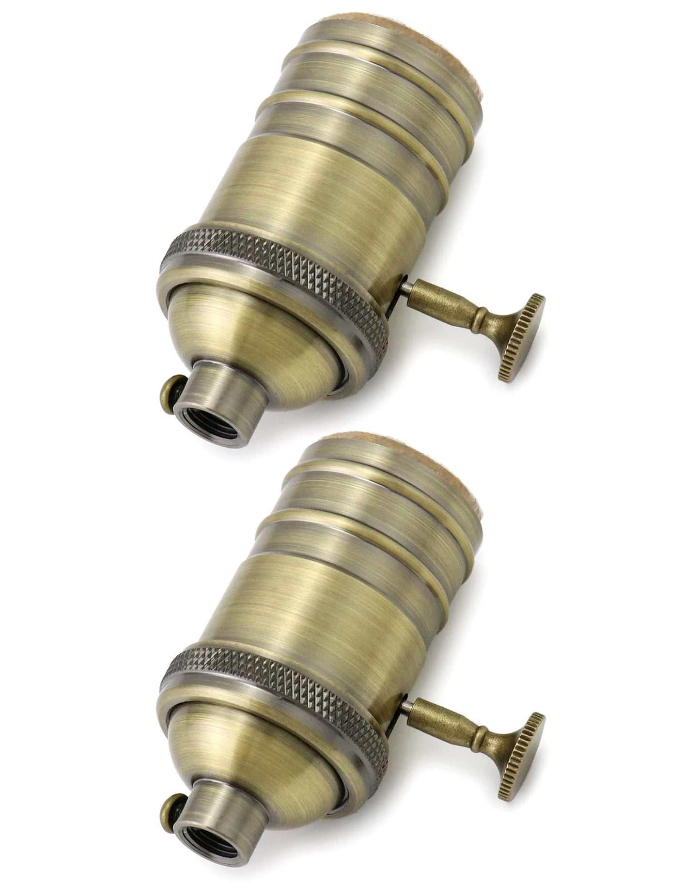 QWORK E26/E27 Lamp Socket, On/Off Vintage Rotary Turn Knob, Antique Brass Tabletop Incandescent Lamp Base Repair Kit with Switch Knob, Set of 2