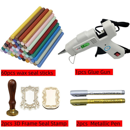 Sealling Wax Sticks Glue Gun Kit, Atopbb 60 Pcs Wax Seal Sticks with 1Pcs Glue Gun 2pcs 3D Frame Seal Stamp, Sealing GlueGun, 2pcs Metallic Pen, Great for Christmas Gift (61)