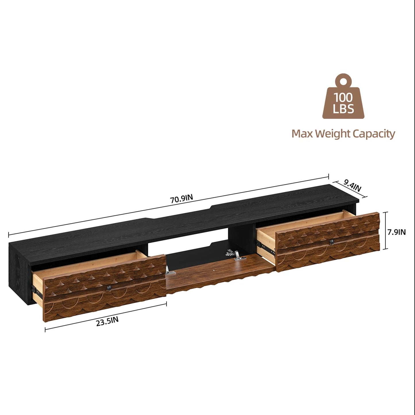 FurniNova 70'' Floating TV Stand Wall Mounted, Fully Assembled Media Console with 2 Drawers and 1 Door, Wall Mounted TV Cabinet,Carved Wood Design,Natural Wood Finish