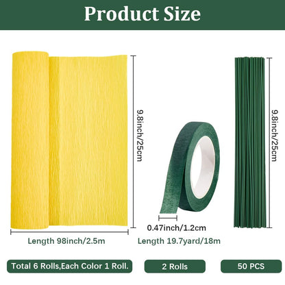 CRASPIRE 58Pcs Crepe Paper Flower DIY Kits Colourful Paper Crepe Paper Sheets 36M Green Tape 50Pcs Floral Iron Wire for Wedding Birthday Holiday Party Decor(9.84inx8.2ft/Roll)