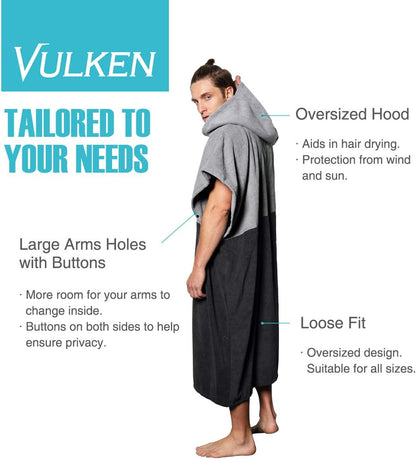 Vulken Extra Large Thick Hooded Beach Towel Changing Robe. Surf Poncho Men for Easy Change in Public. Quick Dry