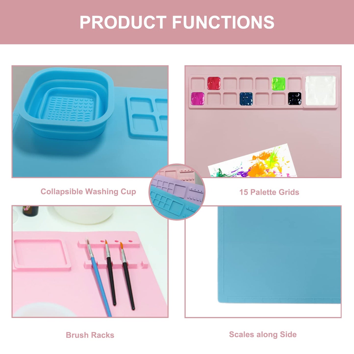Silicone Craft Mat, Silicone Painting Mat, Silicone Art Mat with Cup & Brush Holders, Silicone Mats for Crafts, Multipurpose Silicone Art Mat for Painting, Art, Clay, Play Doh (20'' x 16'', Pink)