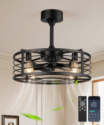 Fivesun 20" Caged Ceiling Fans with Lights and Remote, Fandelier Farmhouse Industrial Fan Lights Ceiling Fixtures Small Ceiling Fan with 6 Speeds and Timing for Kitchen, Bedroom, Outdoor-Black