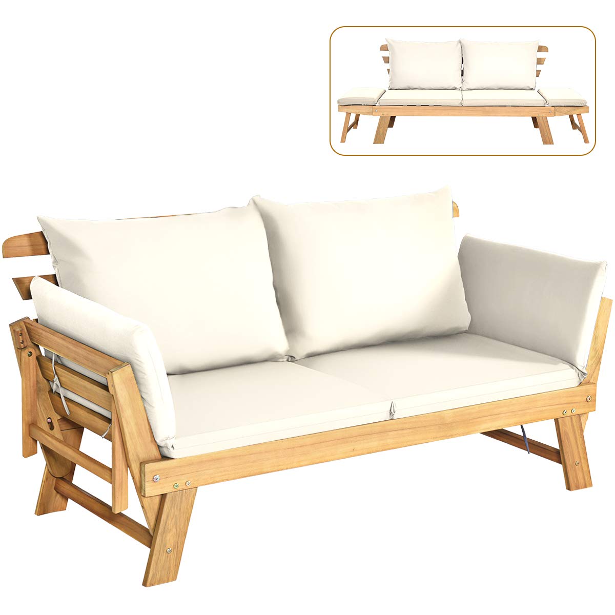 Tangkula Convertible Acacia Wood Patio Couch Sofa Bed with Adjustable Armrest, Outdoor Daybed with Cushion & Pillows, Outside Folding Futon Sofa Couch Bench for Porch, Courtyard, Poolside & Garden
