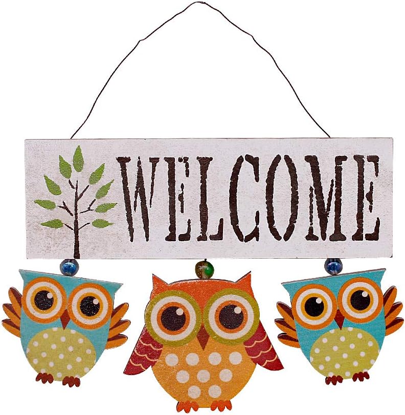 Owl Welcome Sign Hanging Door Decoration - Wood Wall Hanging Sign for Home Porch Fall Halloween Decor