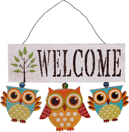 Owl Welcome Sign Hanging Door Decoration - Wood Wall Hanging Sign for Home Porch Fall Halloween Decor