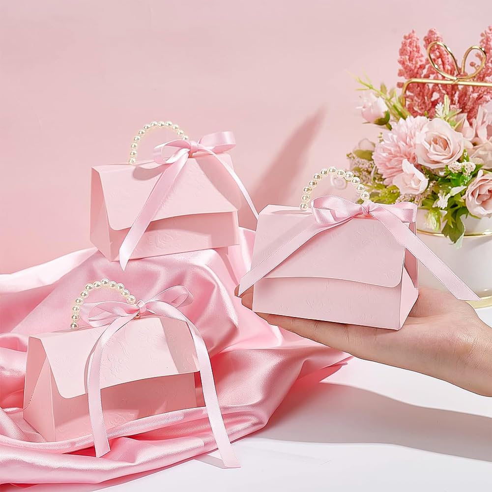 BENECREAT 16Set Wedding Favors Box DIY Set, Pink Kraft Paper Box with Pearl Handle, Ribbons, Stickers, Gift Boxes for Birthday, Party Favor, Boutique, Wedding and Anniversary